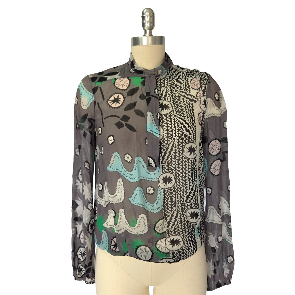 Diane Von Furstenberg 100% Silk Blouse Size 2 Gray Abstract Starburst Long Slv
